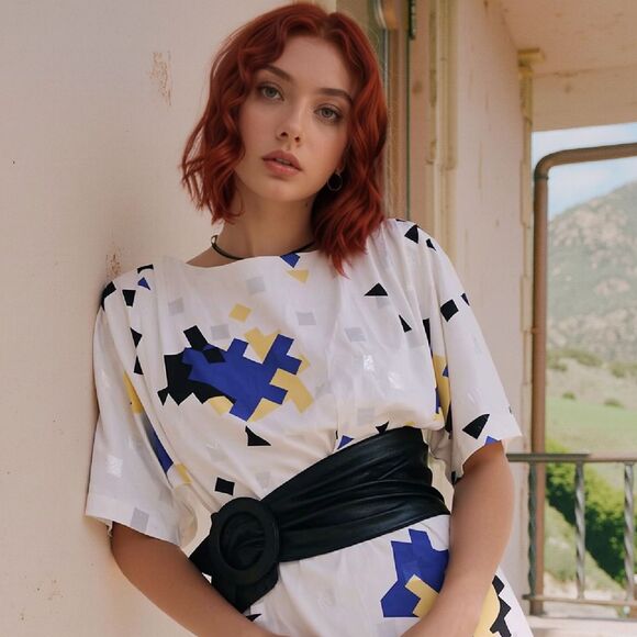 VTG Boxy Geometric shiny square abstract kimono art deco 80s belt shift Dress L - Picture 4 of 11